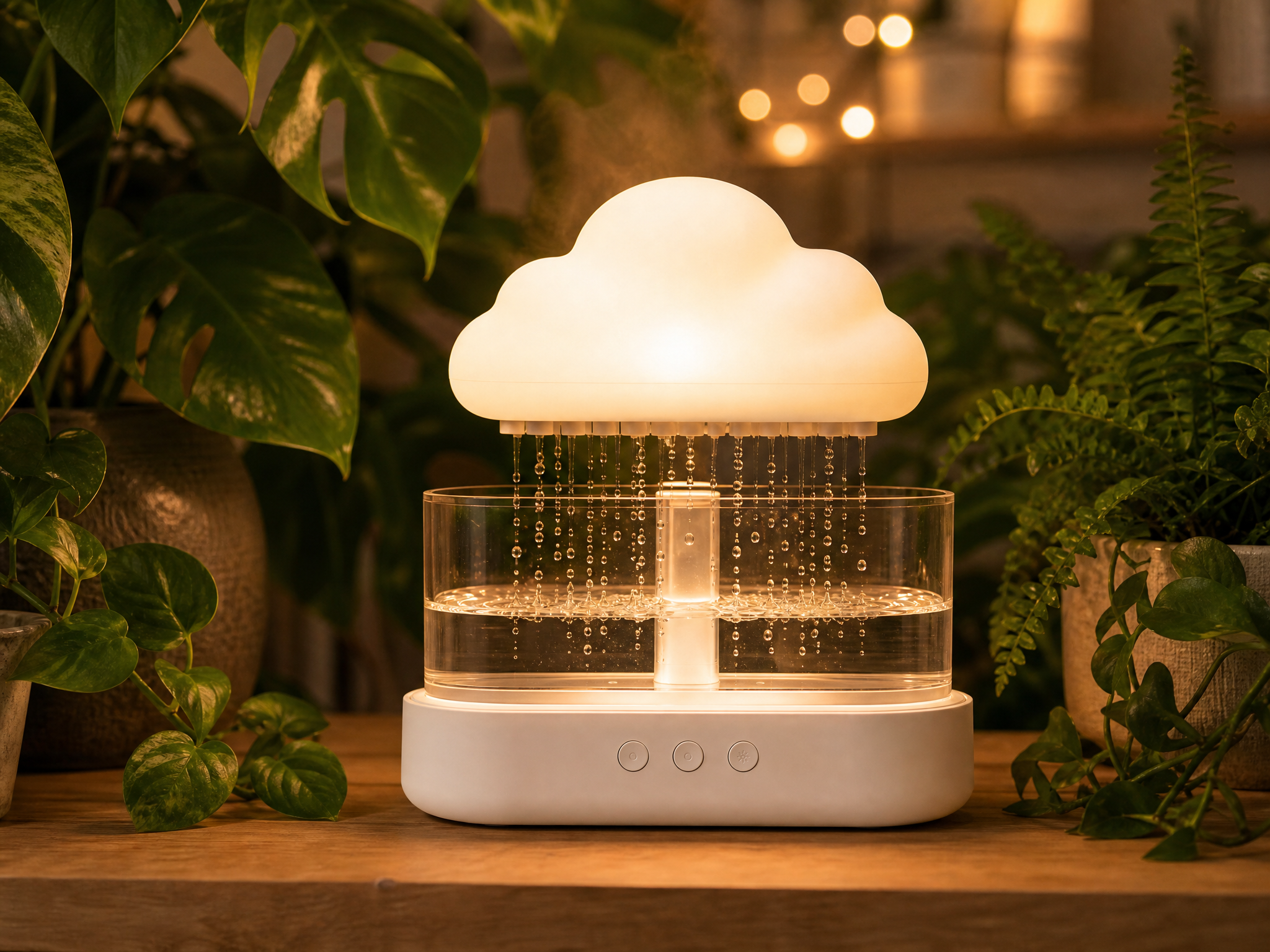 Rain cloud diffuser in a cozy plant-filled room